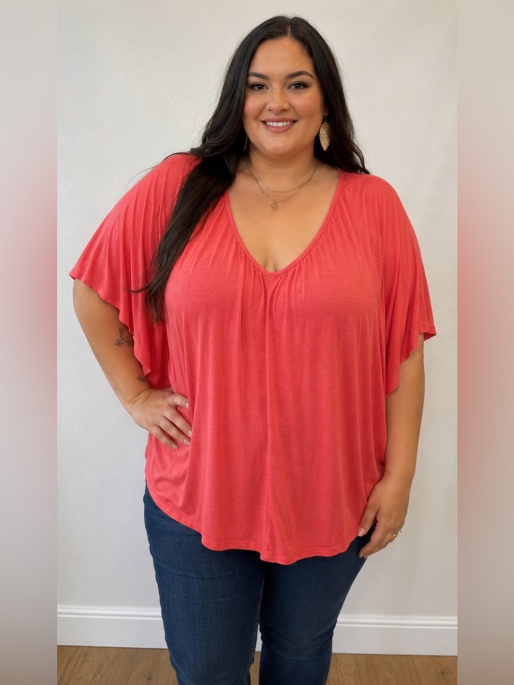 Ambiance Coral Scoop Neck Flutter Sleeve Tunic